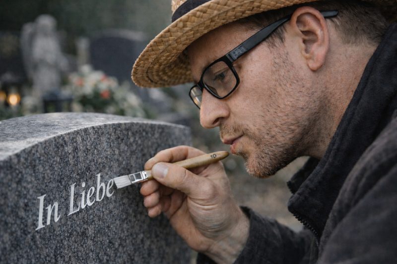 Auffrischung & Restaurierung: Ein Steinmetz zieht die Inschrift mit einem Pinsel nach