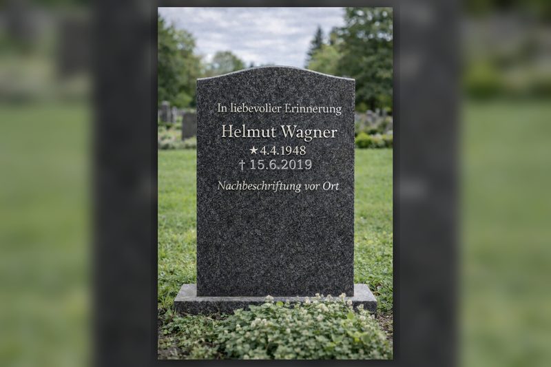 Nachbeschriftung vor Ort: Grabstein mit frisch eingravierter Zusatzzeile (Frontansicht auf dem Friedhof)